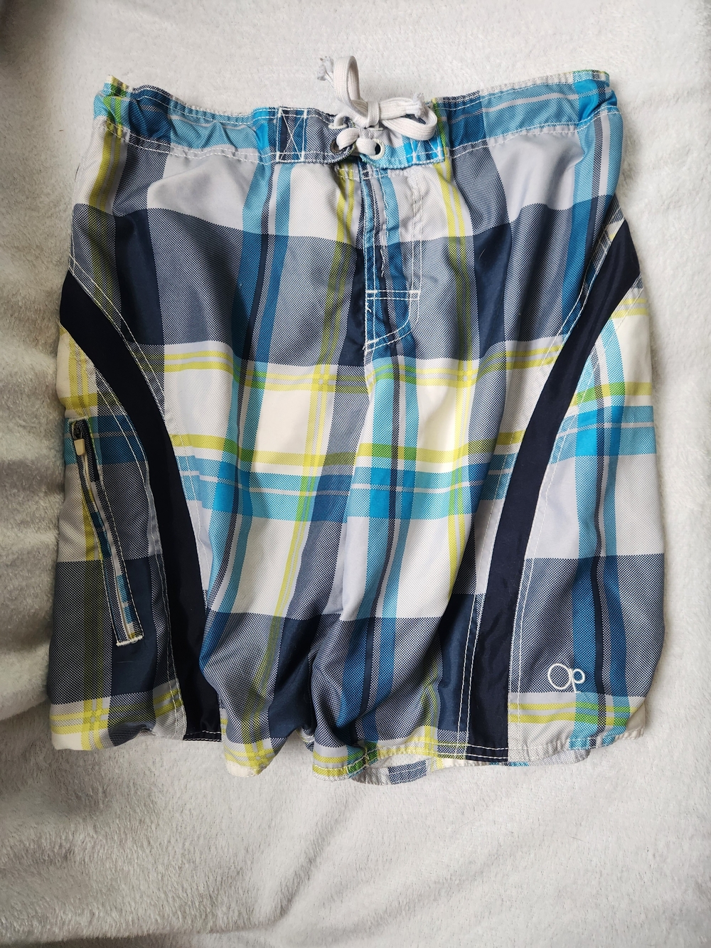 OP Ocean Pacific Mens Blue White Green Plaid Swim Trunk Size S 28-30